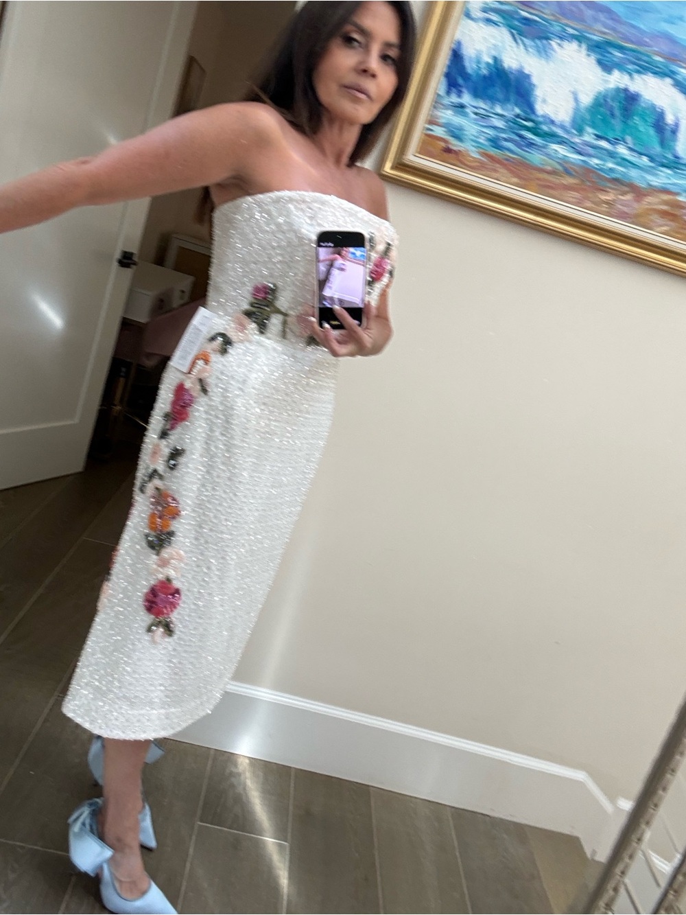 NWT HELSI Strapless White Sequin Dress with Pink Floral Appliqué - Picture 5 of 9